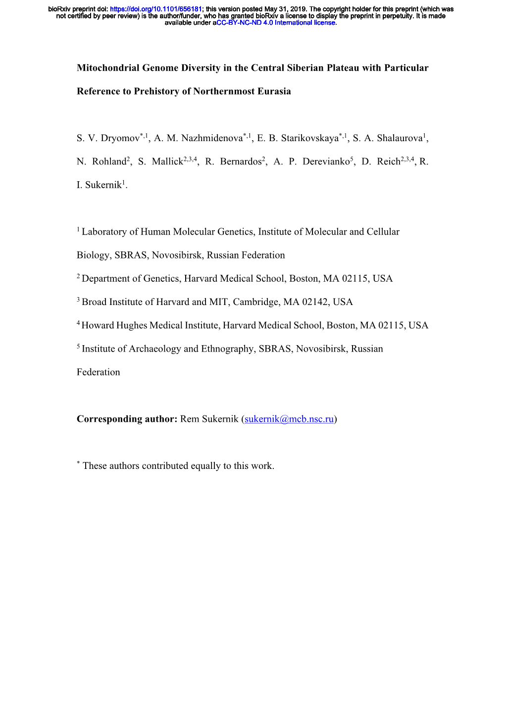 Mitochondrial Genome Diversity in the Central Siberian Plateau with Particular