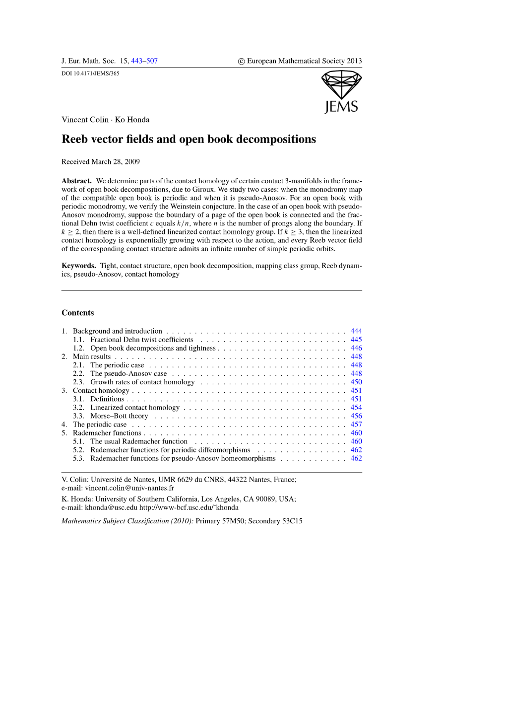 Reeb Vector Fields and Open Book Decompositions