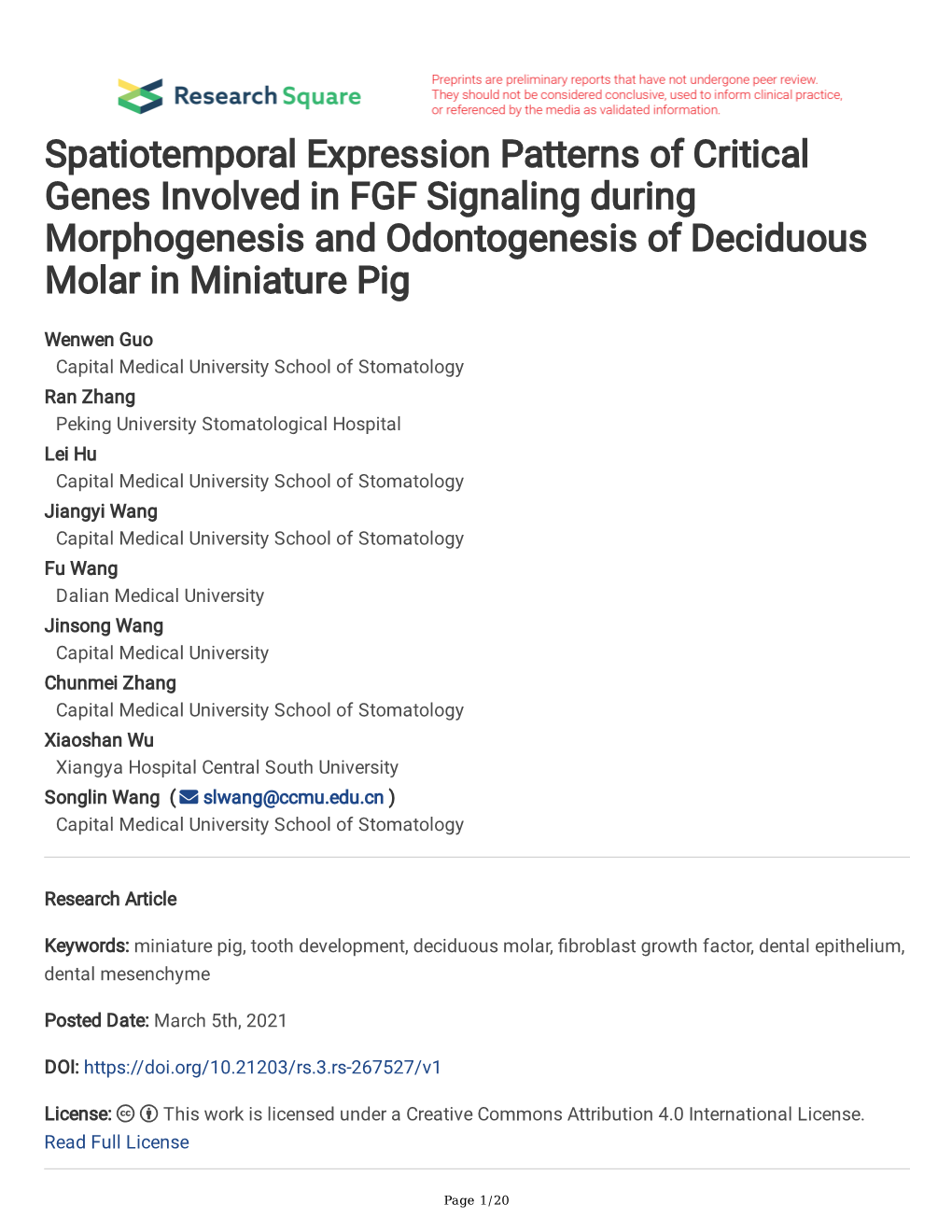 Spatiotemporal Expression Patterns of Critical Genes Involved in FGF Signaling During Morphogenesis and Odontogenesis of Deciduous Molar in Miniature Pig