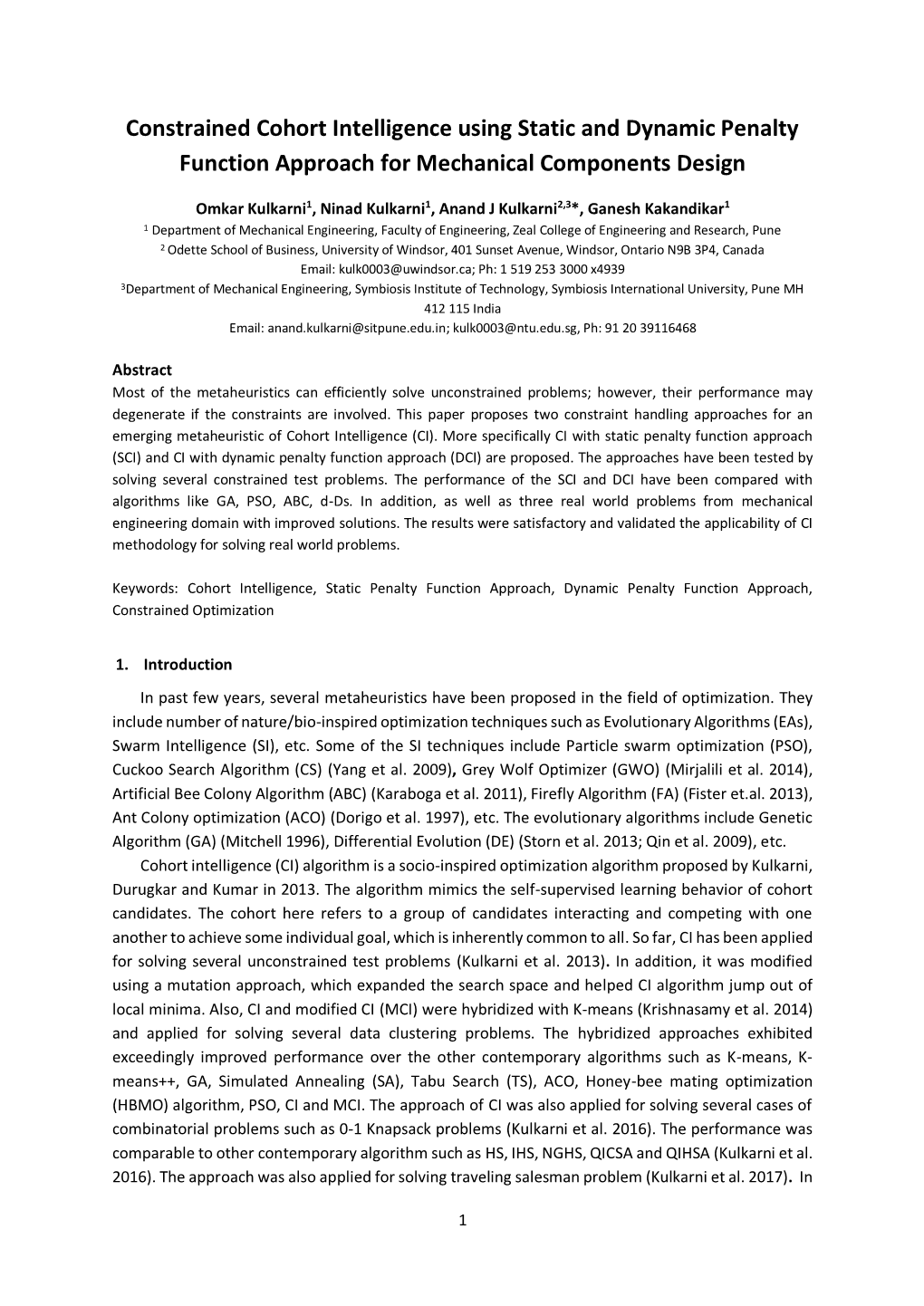 Constrained Cohort Intelligence Using Static and Dynamic Penalty Function Approach for Mechanical Components Design