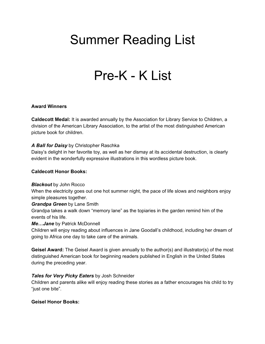 Summer Reading List Prek K List