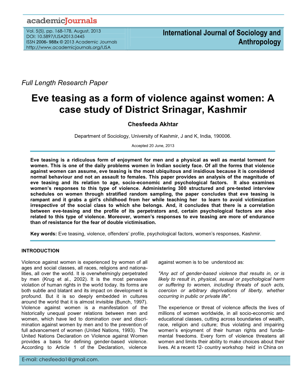 Eve Teasing As a Form of Violence Against Women: a Case Study of District Srinagar, Kashmir