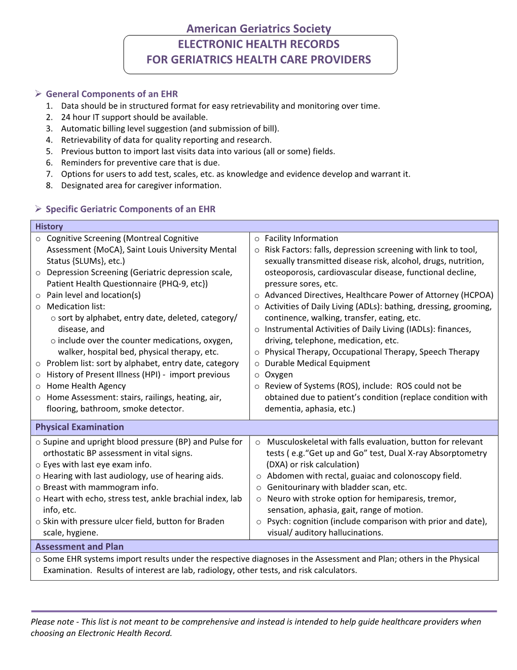 American Geriatrics Society ELECTRONIC HEALTH RECORDS for GERIATRICS HEALTH CARE PROVIDERS