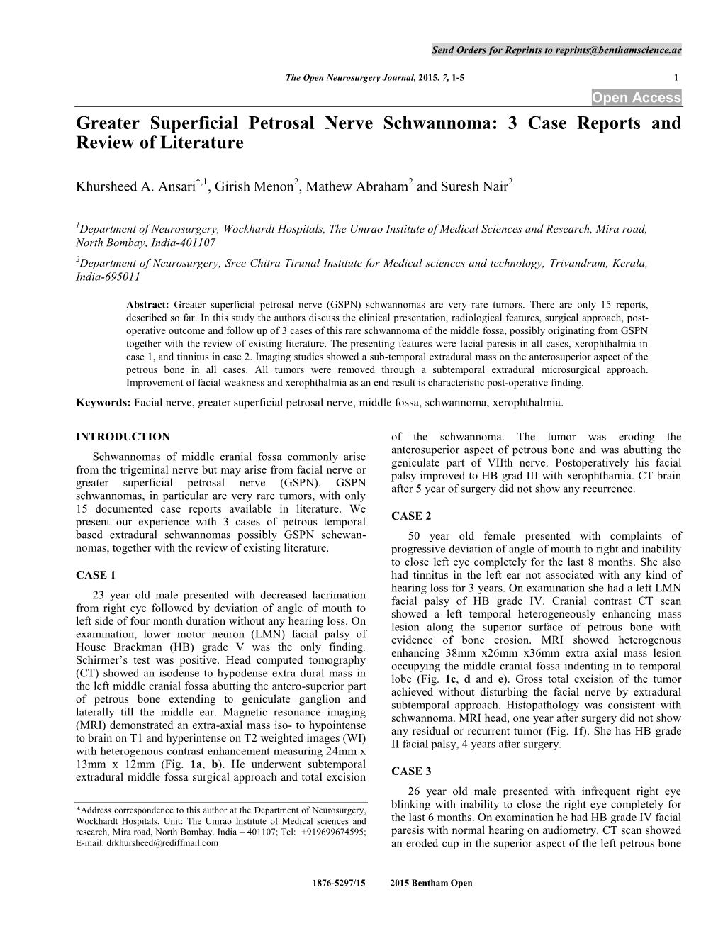 Greater Superficial Petrosal Nerve Schwannoma: 3 Case Reports and Review of Literature