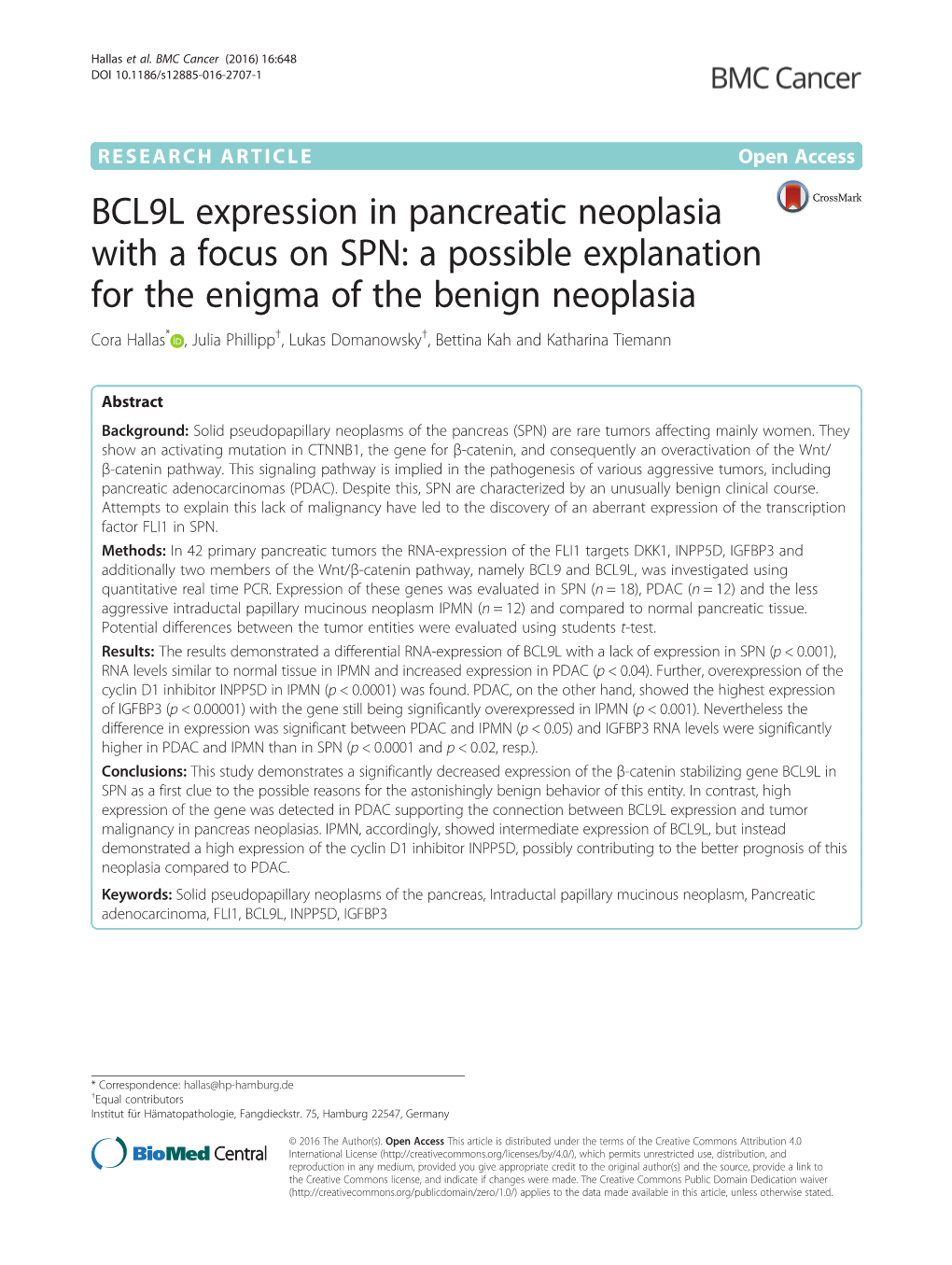 BCL9L Expression in Pancreatic Neoplasia with a Focus on SPN: A