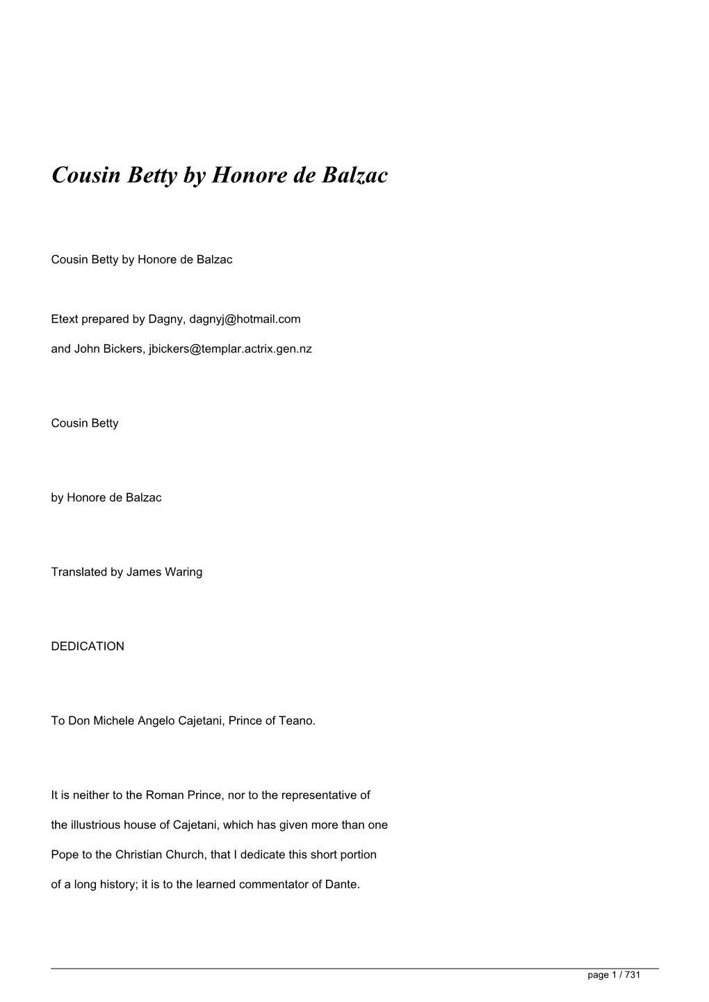 Cousin Betty by Honore De Balzac</H1>