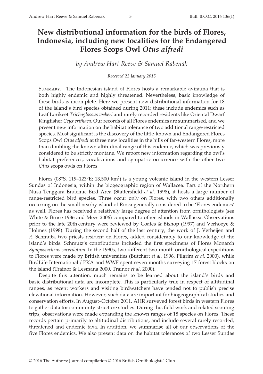 New Distributional Information for the Birds of Flores, Indonesia, Including New Localities for the Endangered Flores Scops Owl Otus Alfredi