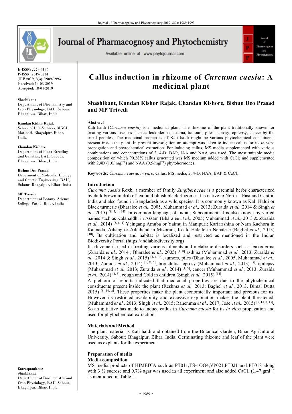 Callus Induction in Rhizome of Curcuma Caesia: a Medicinal Plant