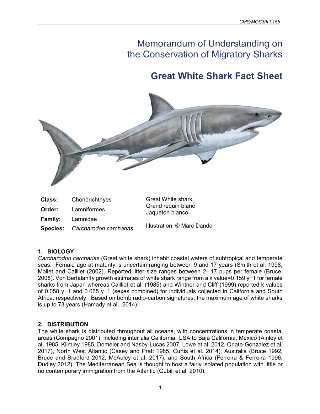 Memorandum of Understanding on the Conservation of Migratory Sharks Great White Shark Fact Sheet