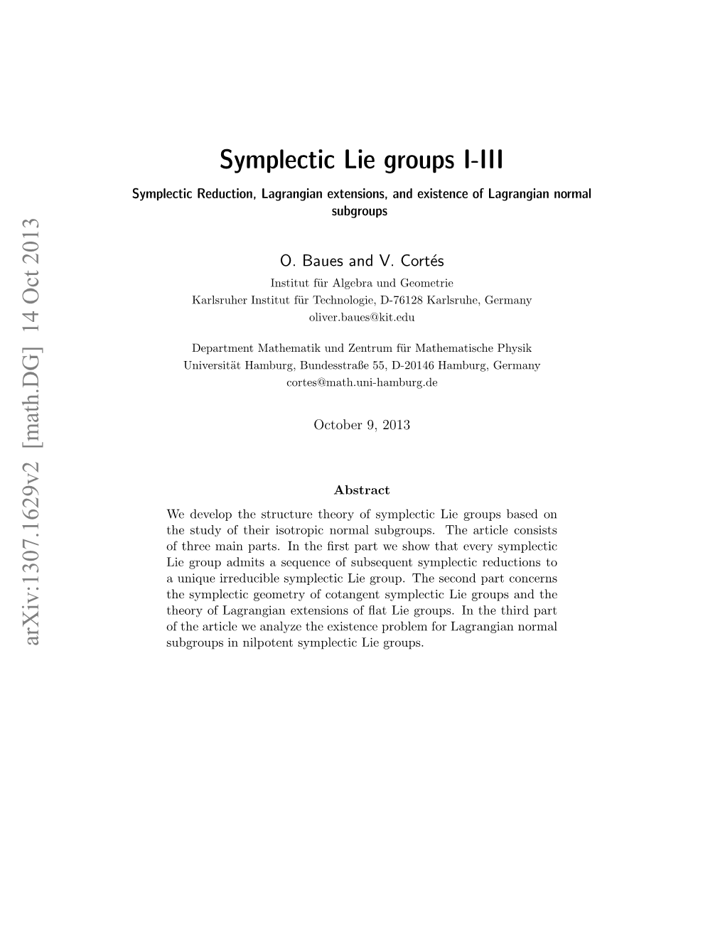 Symplectic Lie Groups I-III