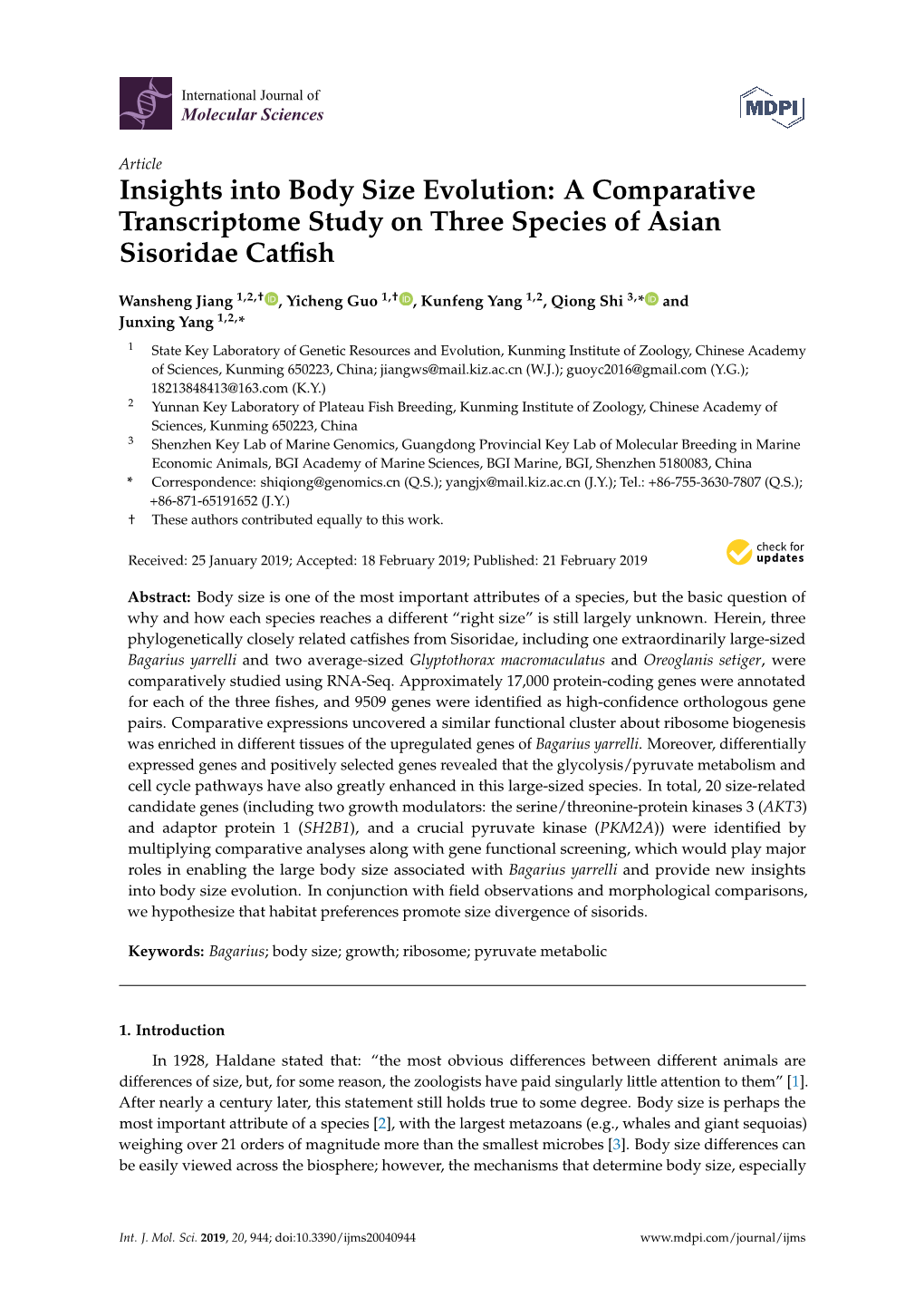 Insights Into Body Size Evolution: a Comparative Transcriptome Study on Three Species of Asian Sisoridae Catﬁsh