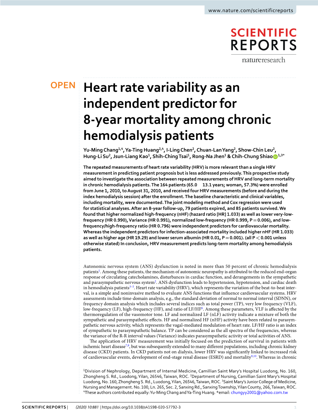 Heart Rate Variability As an Independent Predictor for 8-Year