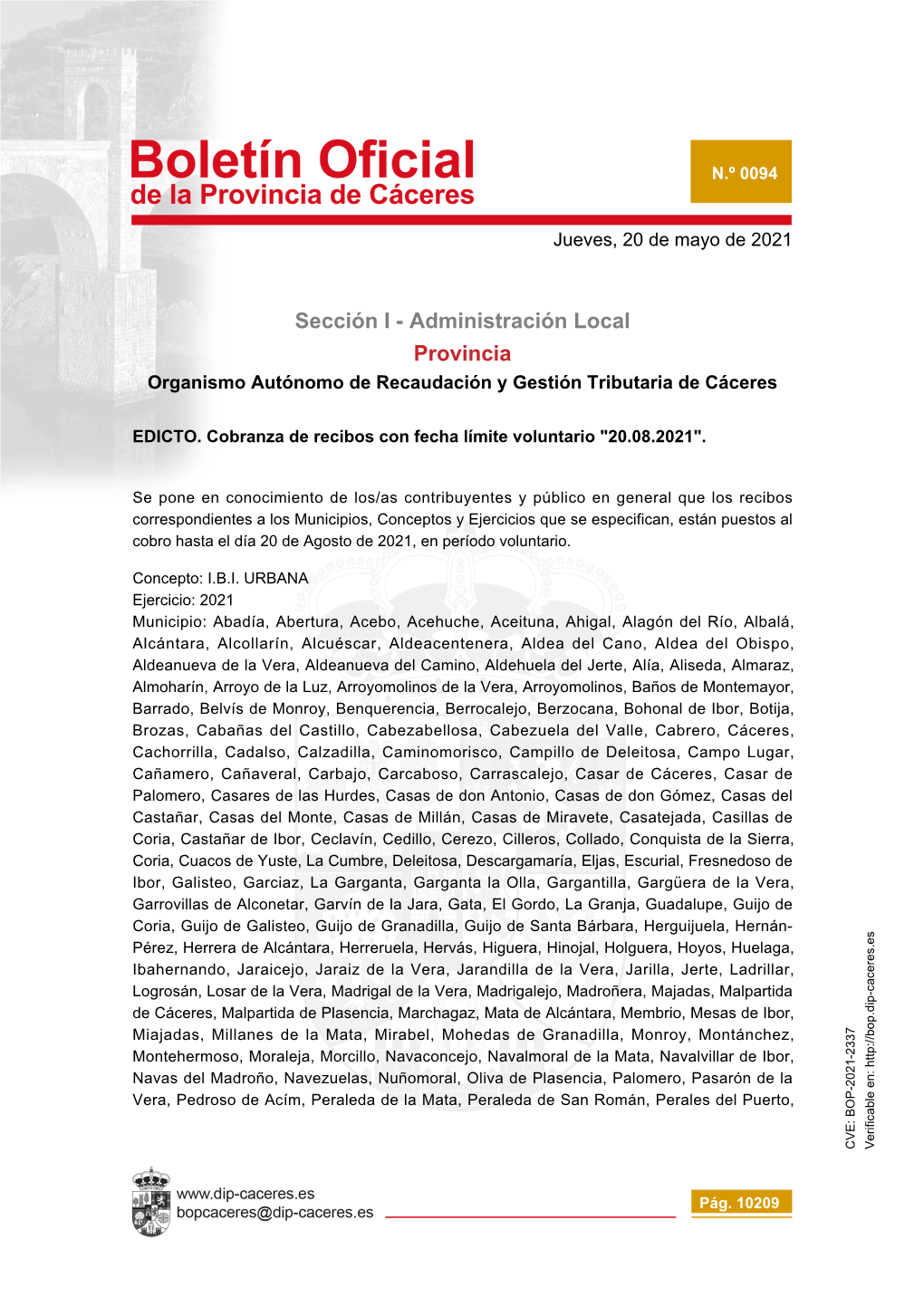 Administración Local Provincia Organismo Autónomo De Recaudación Y Gestión Tributaria De Cáceres