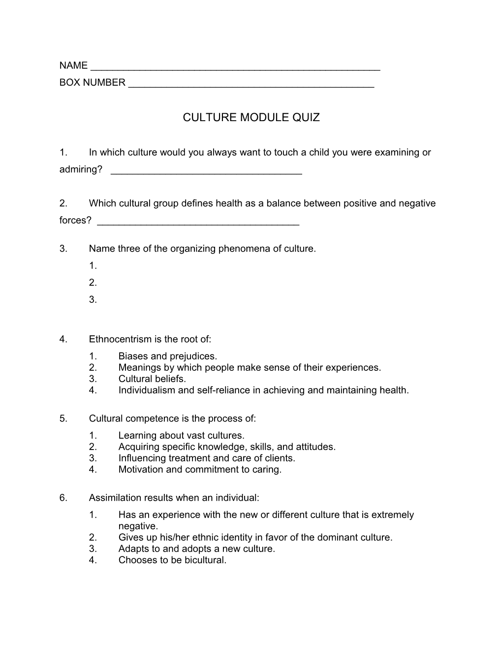 2. Which Cultural Group Defines Health As a Balance Between Positive and Negative Forces? ______