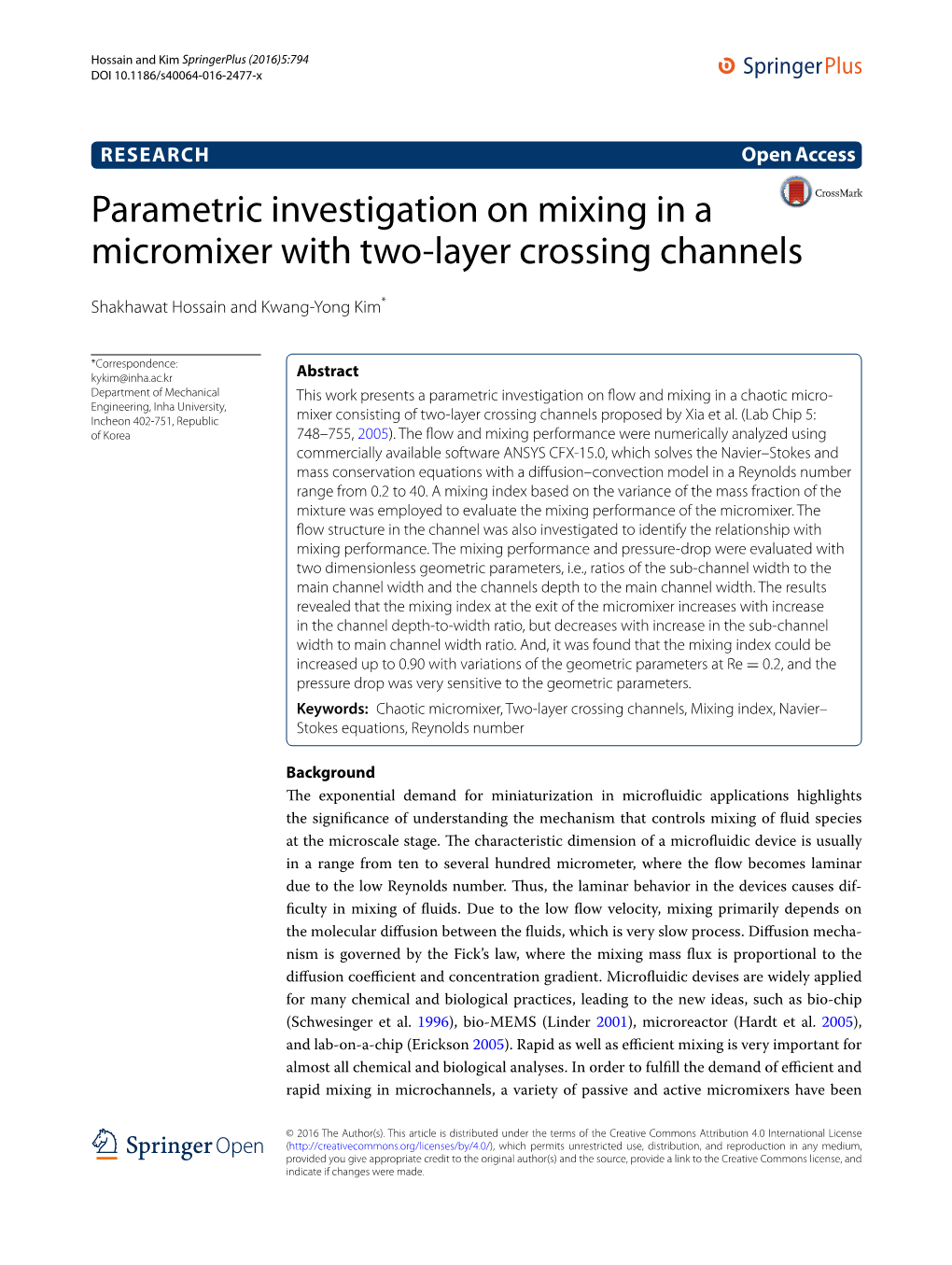 Parametric Investigation on Mixing in a Micromixer with Two-Layer Crossing Channels