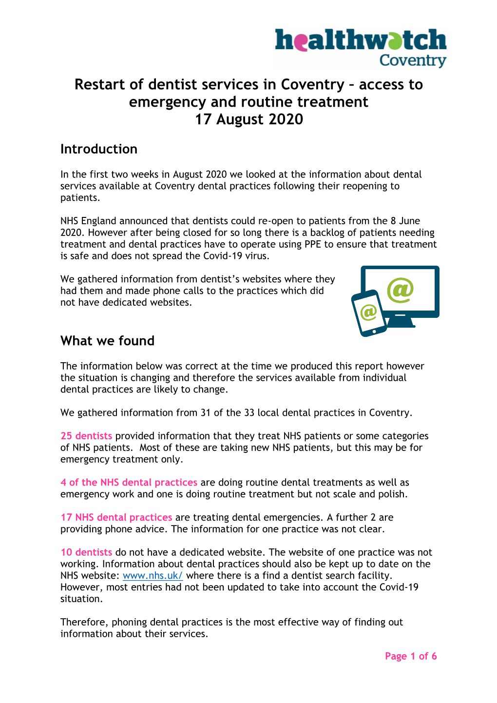Restart of Dentist Services in Coventry – Access to Emergency and Routine Treatment 17 August 2020