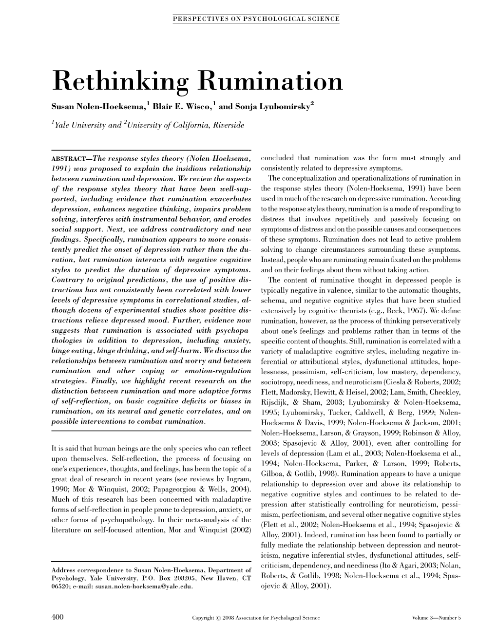 Rethinking Rumination Susan Nolen-Hoeksema,1 Blair E