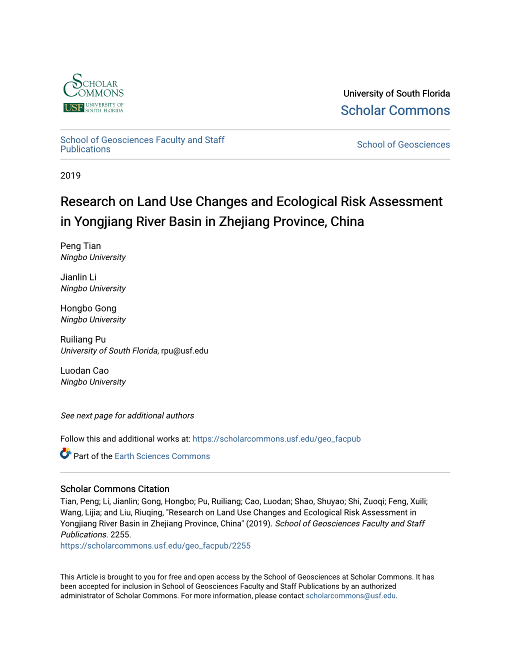 Research on Land Use Changes and Ecological Risk Assessment in Yongjiang River Basin in Zhejiang Province, China