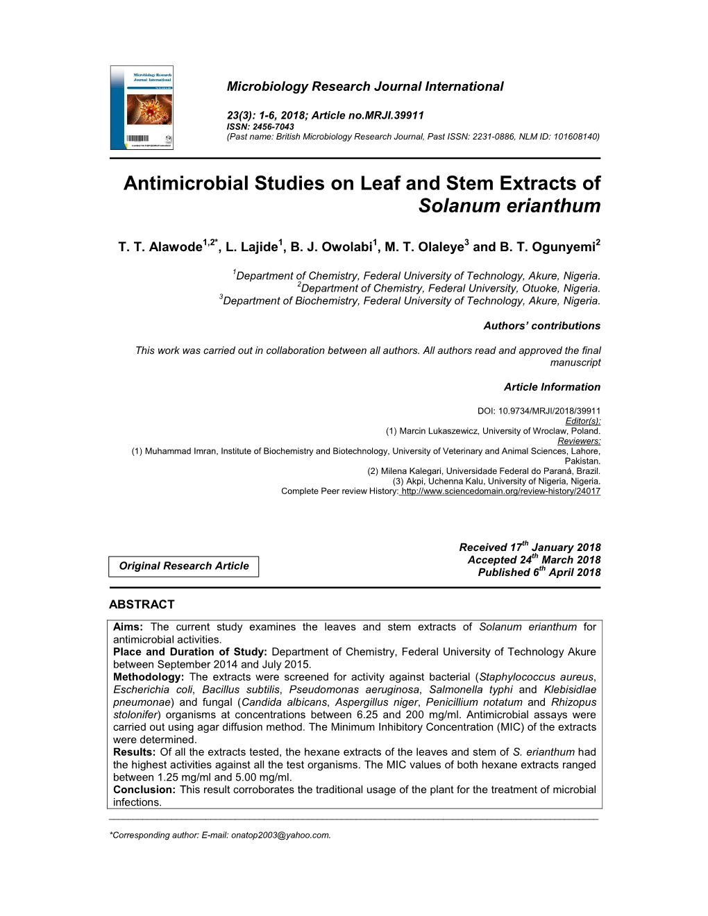 Antimicrobial Studies on Leaf and Stem Extracts of Solanum Erianthum