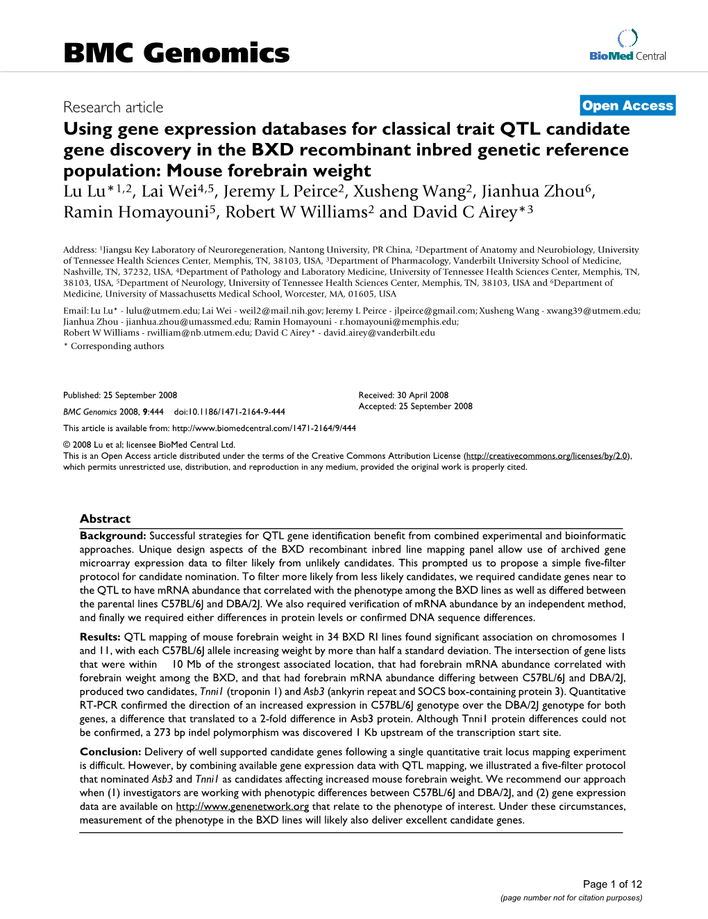 Using Gene Expression Databases for Classical Trait QTL Candidate Gene Discovery in the BXD Recombinant Inbred Genetic Reference Population: Mouse Forebrain Weight