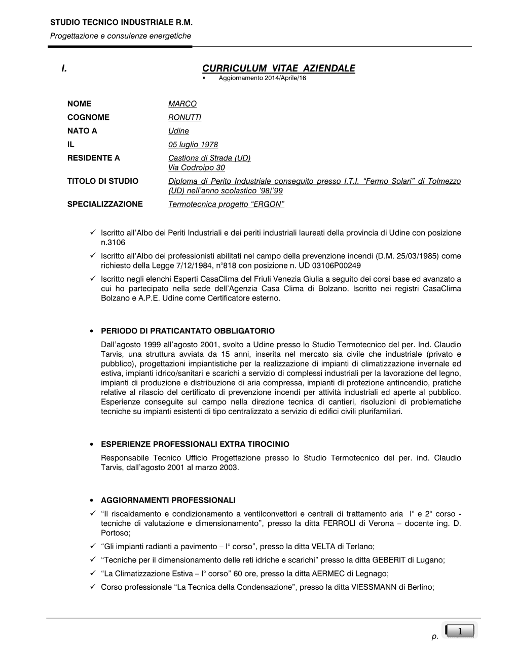 1 I. Curriculum Vitae Aziendale