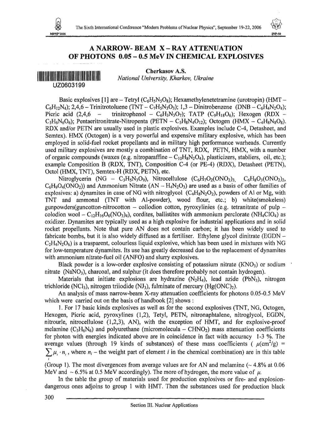 A NARROW- BEAM X - RAY ATTENUATION of PHOTONS 0.05 - 0.5 Mev in CHEMICAL EXPLOSIVES