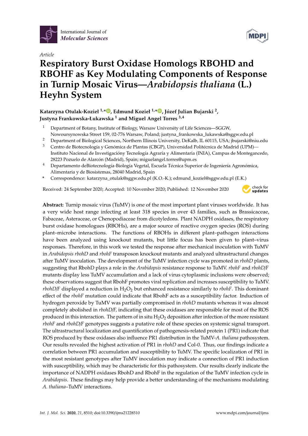 Respiratory Burst Oxidase Homologs RBOHD and RBOHF As Key Modulating Components of Response in Turnip Mosaic Virus—Arabidopsis Thaliana (L.) Heyhn System