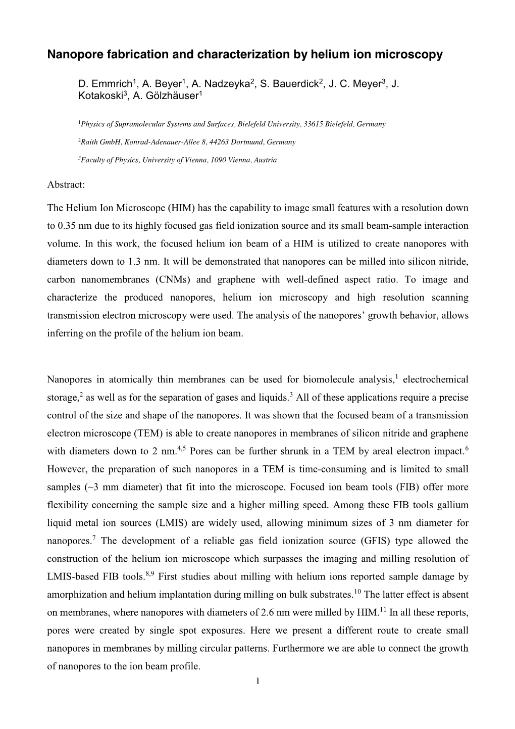 Nanopore Fabrication and Characterization by Helium Ion Microscopy