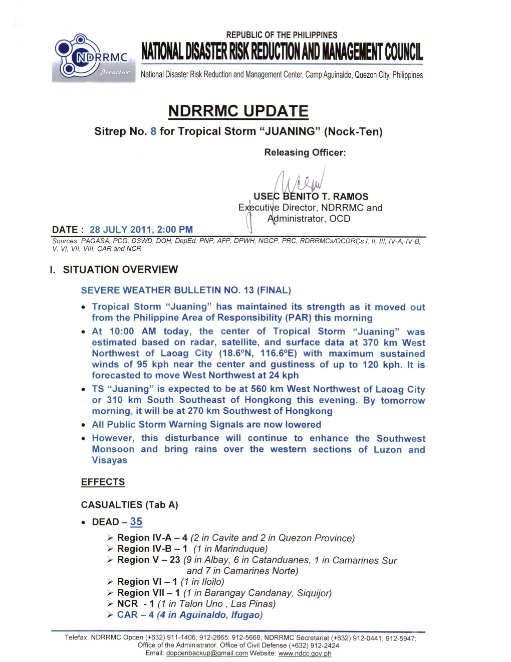 NDRRMC Update Sitrep No. 8 for Tropical Storm JUANING