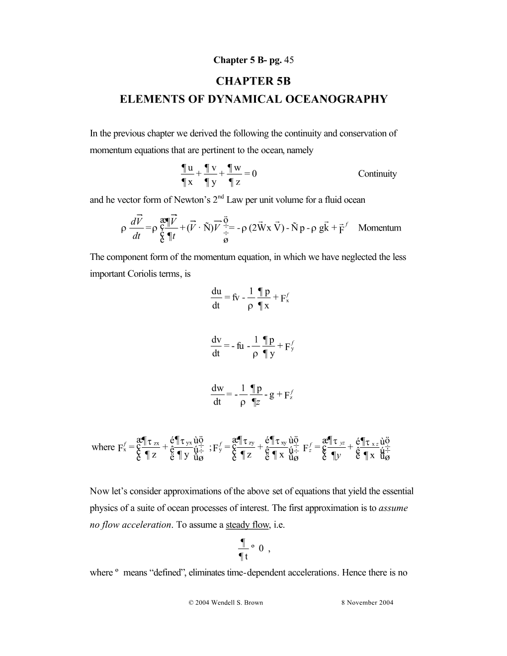 Chapter 5B Elements of Dynamical Oceanography