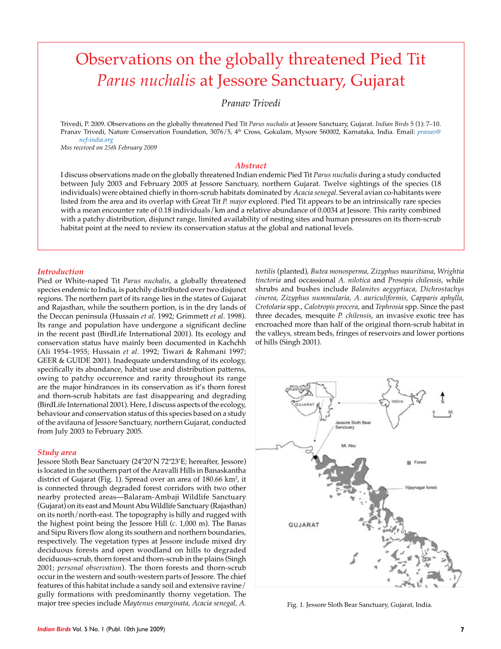 Observations on the Globally Threatened Pied Tit Parus Nuchalis at Jessore Sanctuary, Gujarat Pranav Trivedi