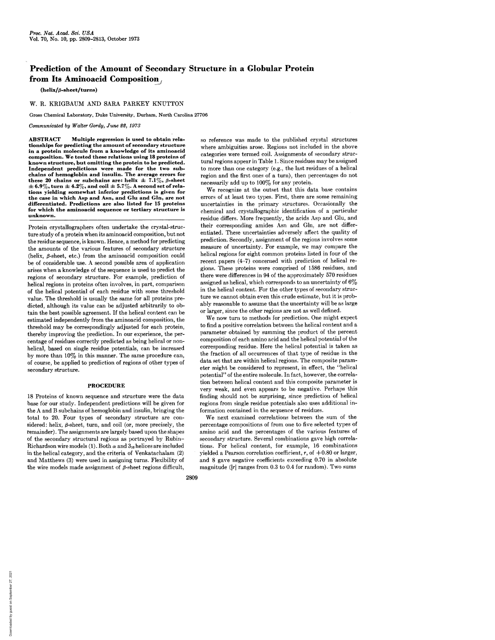 Prediction of the Amount of Secondary Structure in a Globular Protein from Its Aminoacid Compositionj (Helix/Pl-Sheet/Turns) W