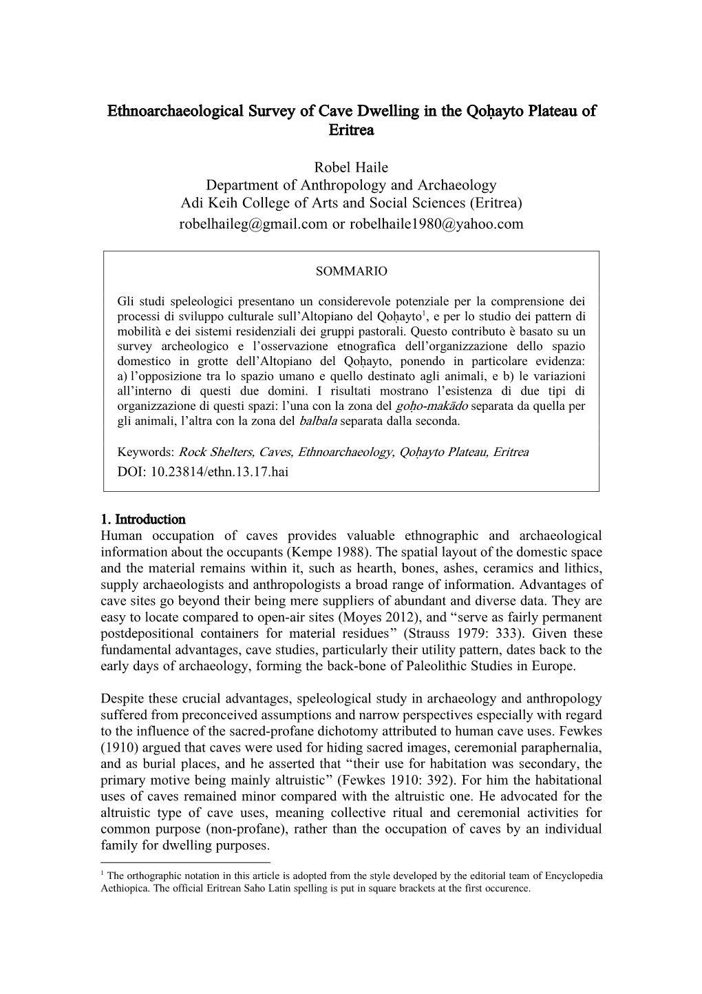 Ethnoarchaeological Survey of Cave Dwelling in the Qoḥayto Plateau of Eritrea