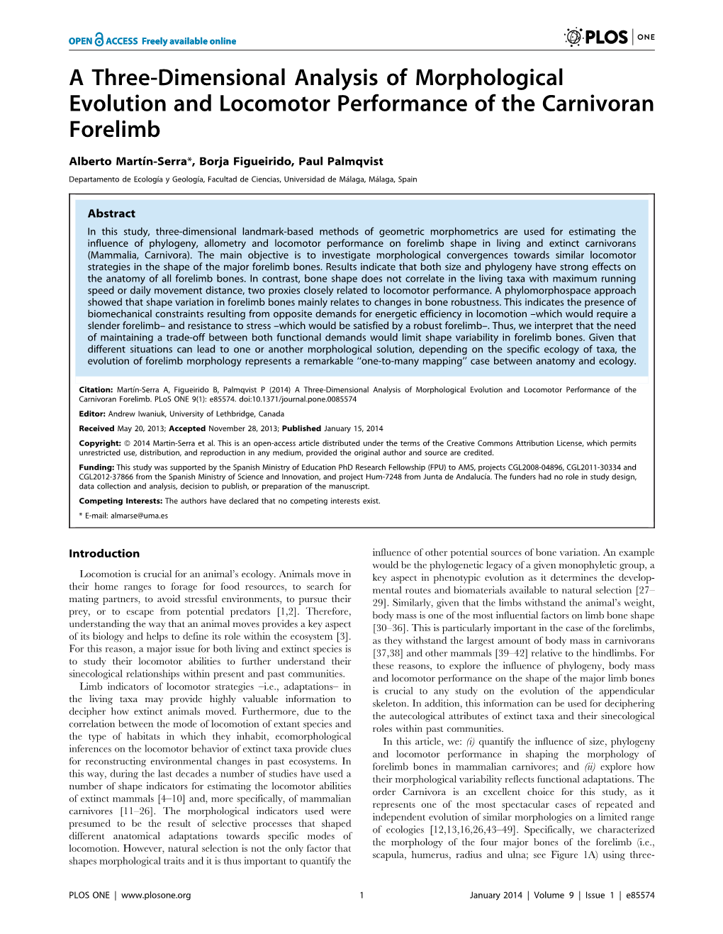 A Three-Dimensional Analysis of Morphological Evolution and Locomotor Performance of the Carnivoran Forelimb