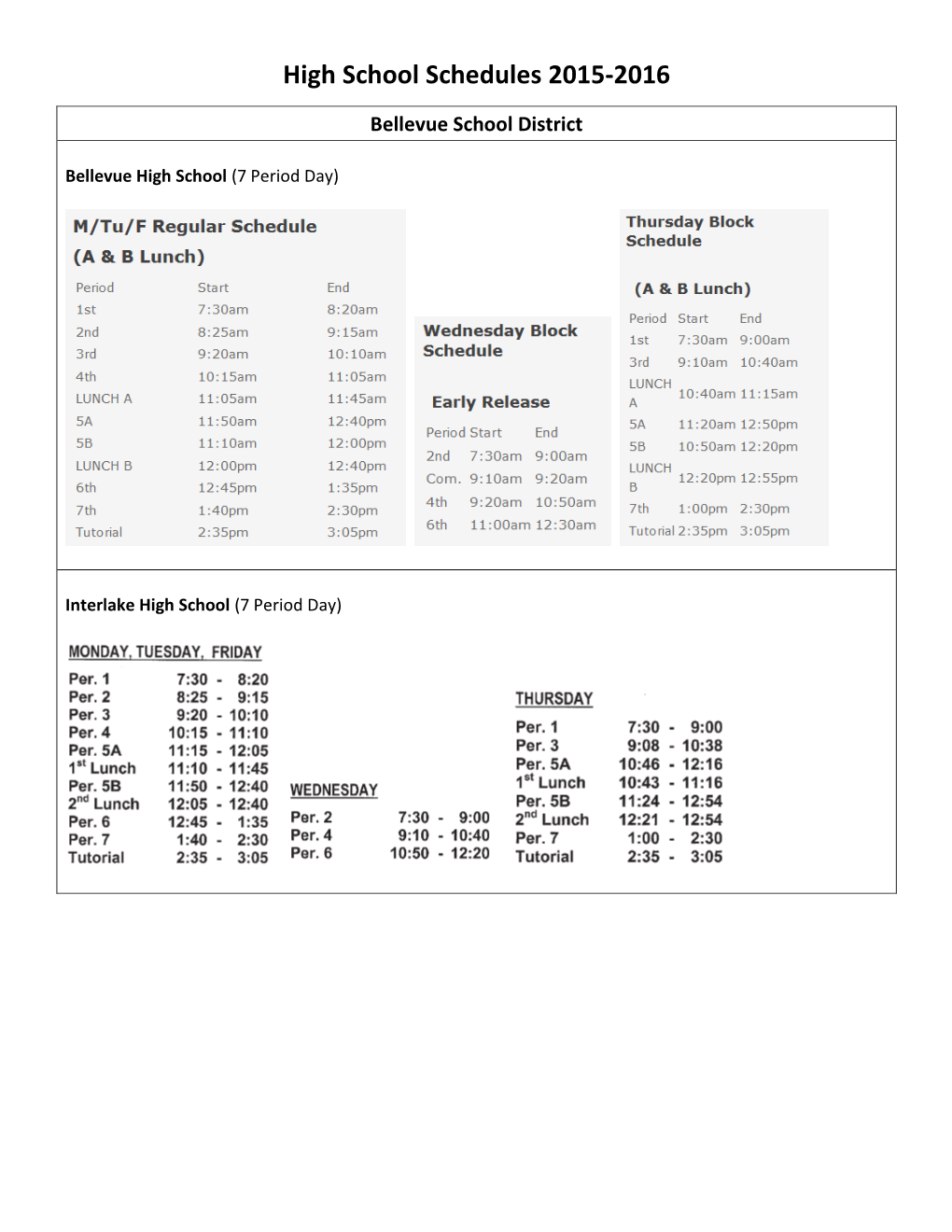 High School Schedules 2015-2016