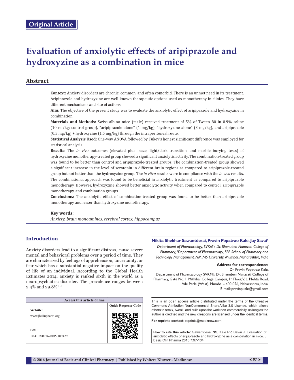 Evaluation of Anxiolytic Effects of Aripiprazole and Hydroxyzine As a Combination in Mice