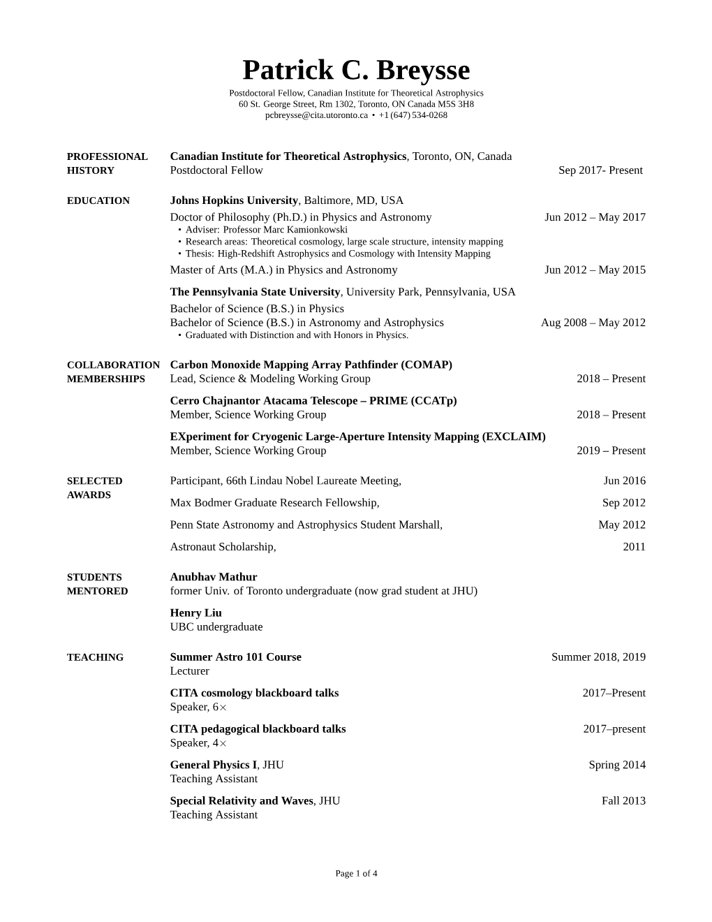 Patrick C. Breysse's CV