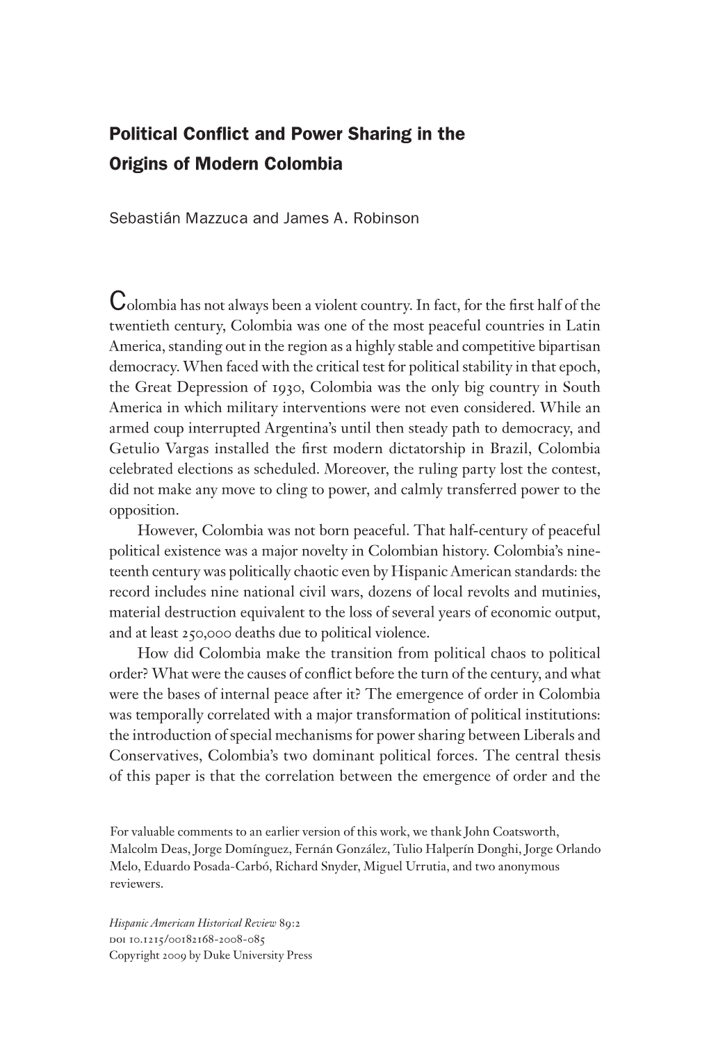 Political Conflict and Power Sharing in the Origins of Modern Colombia