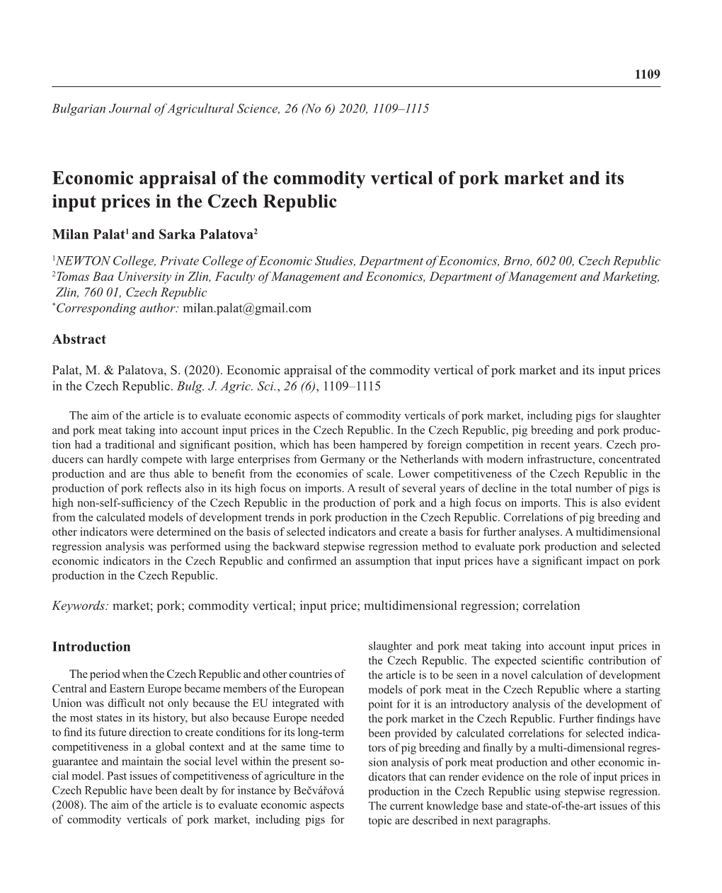 Economic Appraisal of the Commodity Vertical of Pork Market and Its Input Prices in the Czech Republic