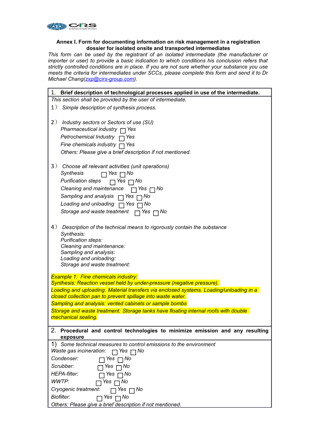 Annex I. Form for Documenting Information on Risk Management in a Registration Dossier