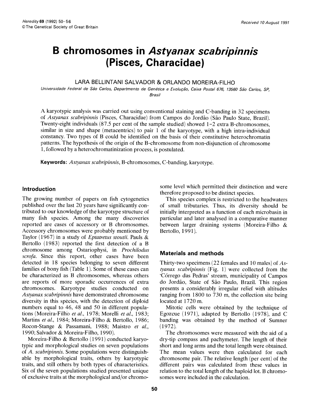 B Chromosomes in Astyanax Scabripinnis (Pisces, Characidae)