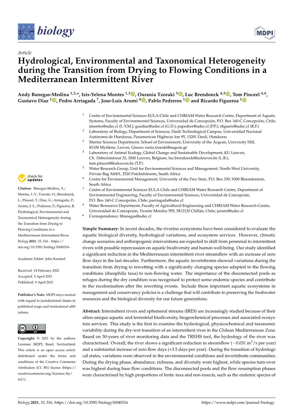 Hydrological, Environmental and Taxonomical Heterogeneity During the Transition from Drying to Flowing Conditions in a Mediterranean Intermittent River