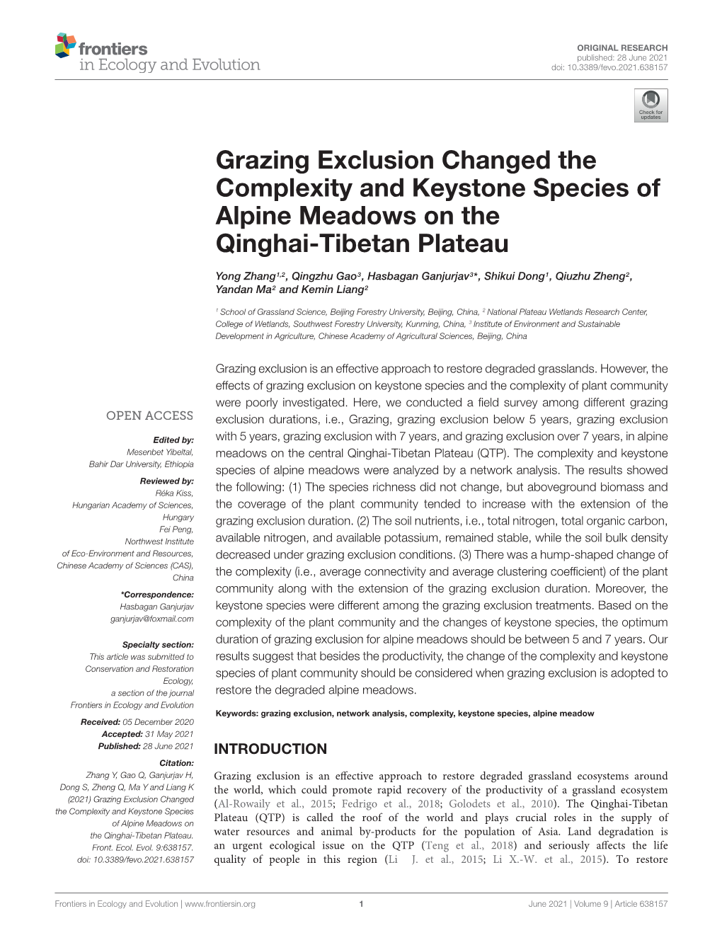 Grazing Exclusion Changed the Complexity and Keystone Species of Alpine Meadows on the Qinghai-Tibetan Plateau