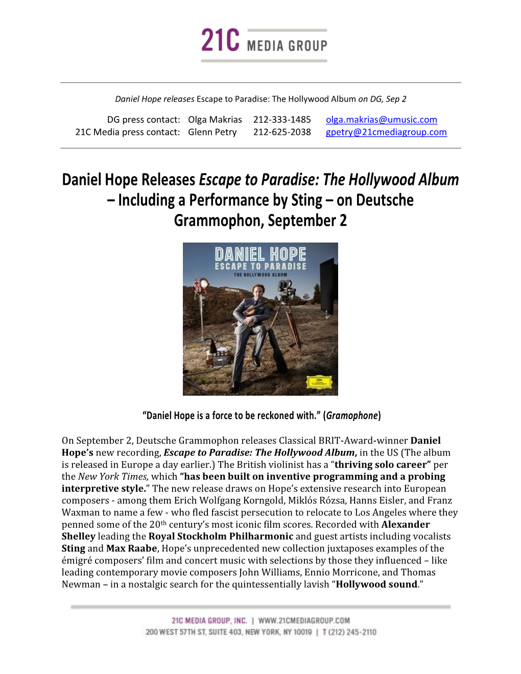 Daniel Hope Releases Escape to Paradise: the Hollywood Album on DG, Sep 2