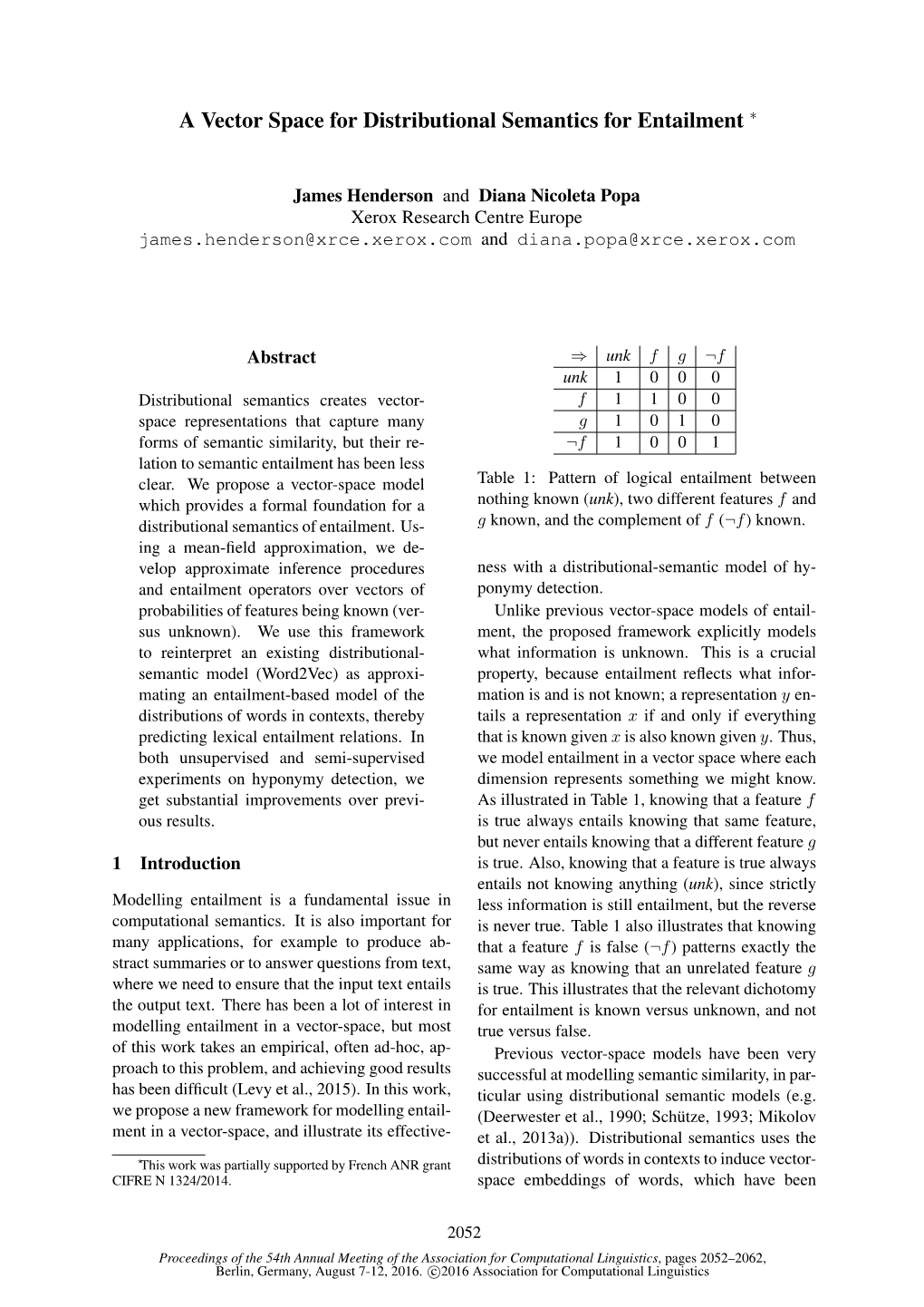 A Vector Space for Distributional Semantics for Entailment ∗