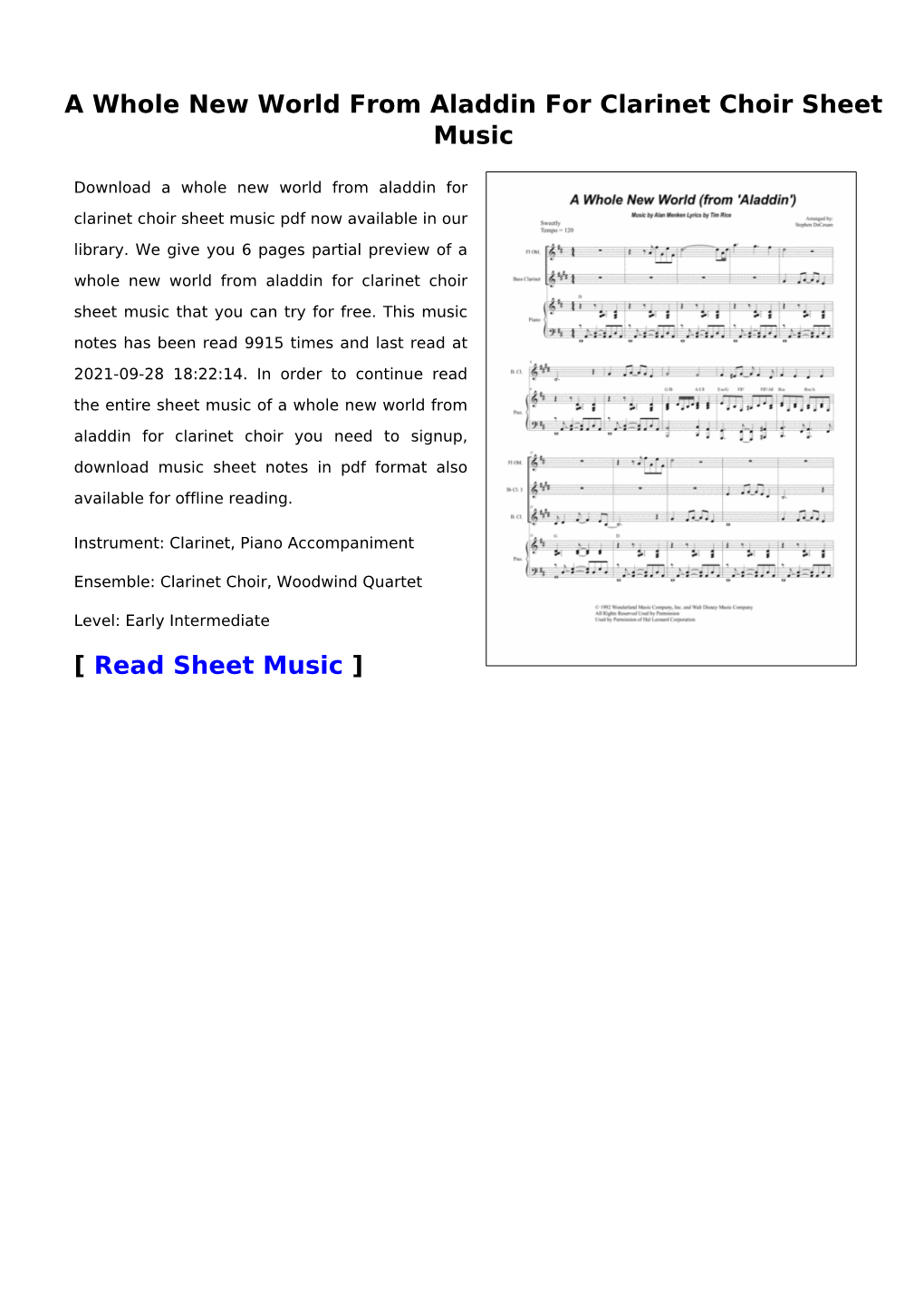 A Whole New World from Aladdin for Clarinet Choir Sheet Music