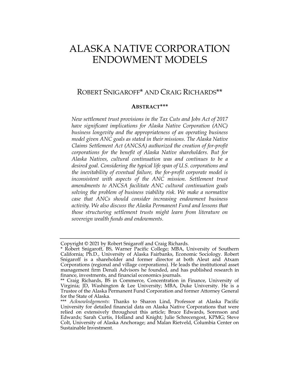 Alaska Native Corporation Endowment Models