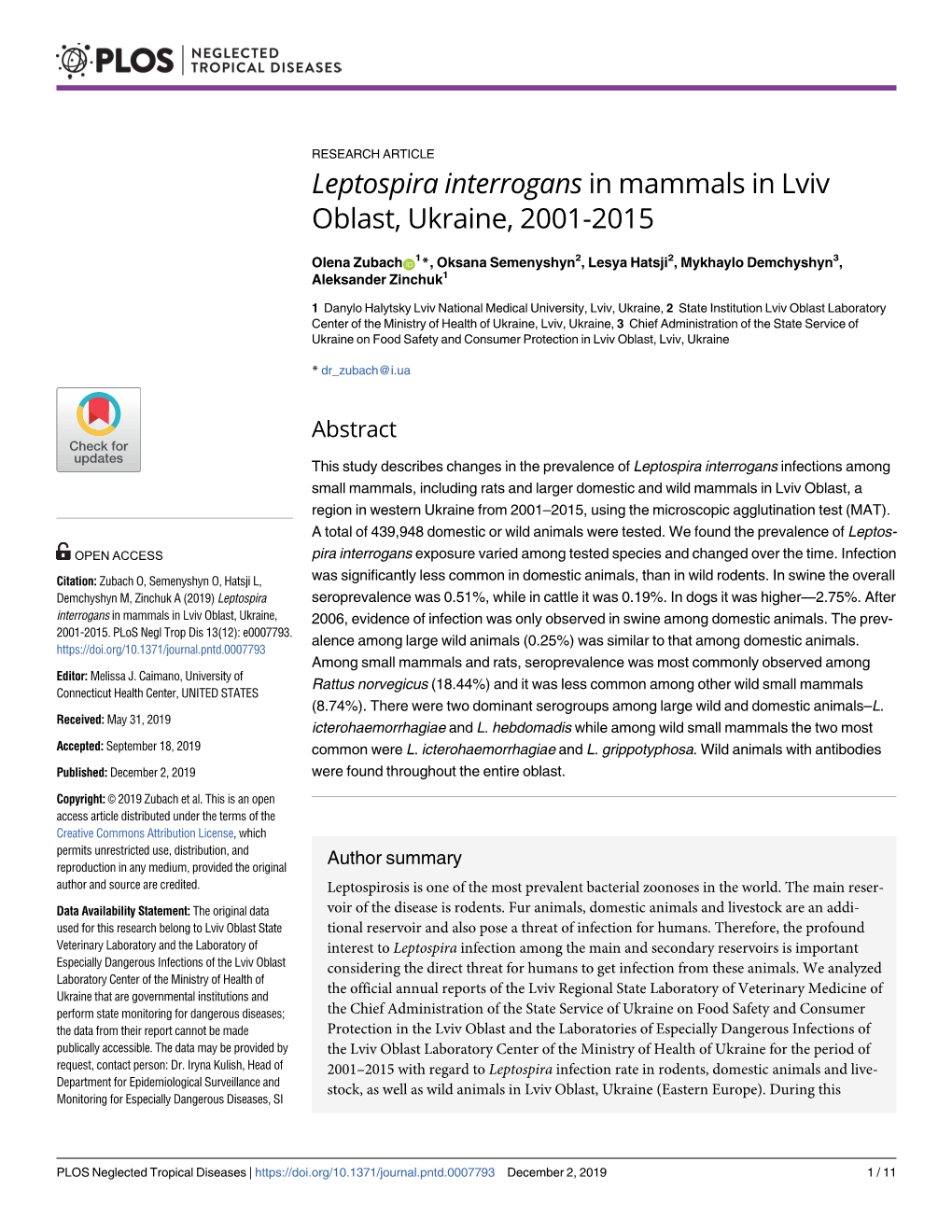 Leptospira Interrogans in Mammals in Lviv Oblast, Ukraine, 2001-2015