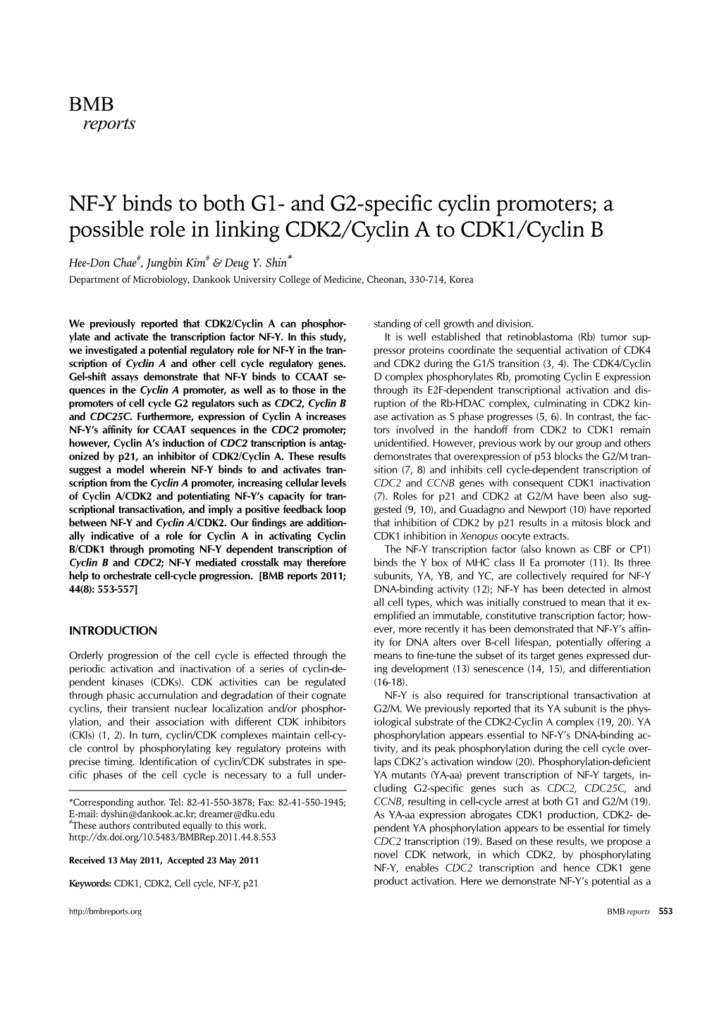 NF-Y Binds to Both G1- and G2-Specific Cyclin Promoters; a Possible Role in Linking CDK2/Cyclin a to CDK1/Cyclin B