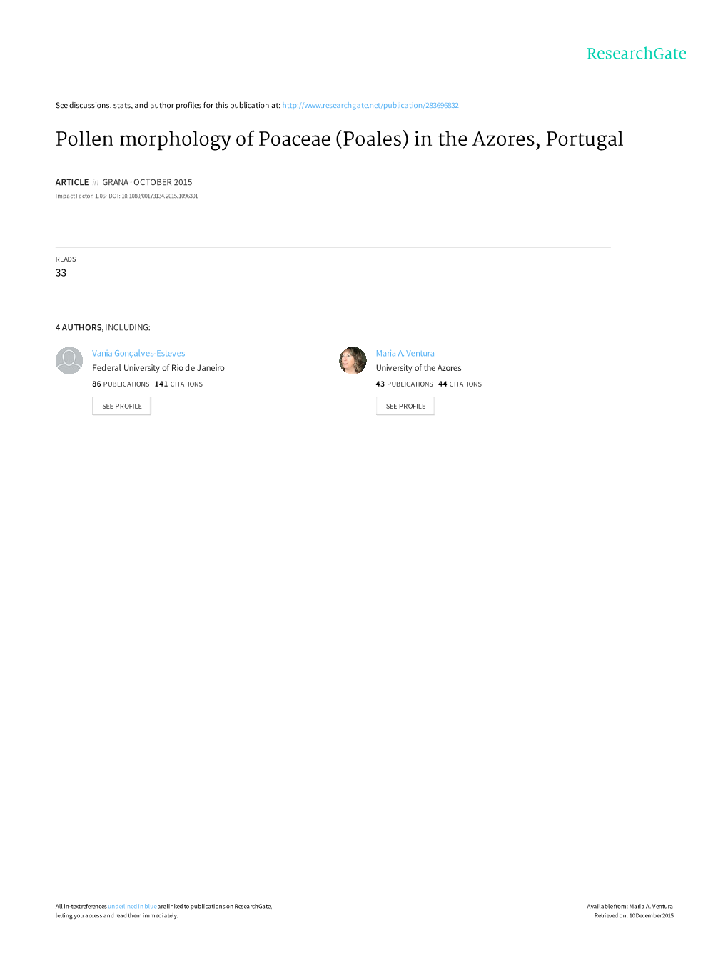 Pollen Morphology of Poaceae (Poales) in the Azores, Portugal